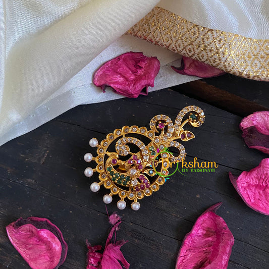 AD Stone Gold Saree Pin -Pearl Peacock Brooch-G5796