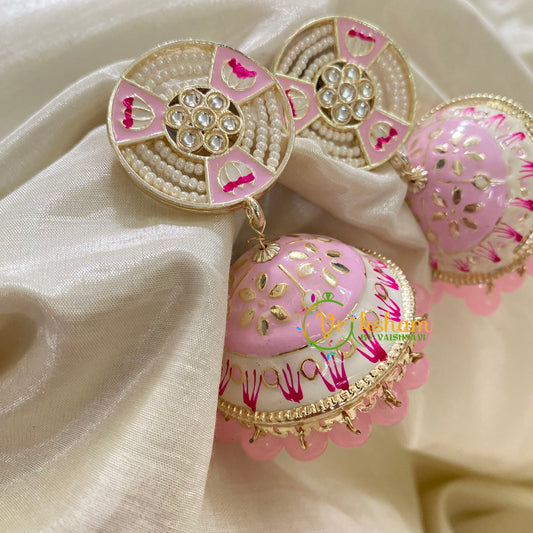 Light Pink Meenakari Jhumkas-Hand painted-Pearl Stud-G8131