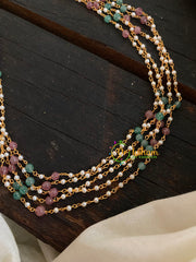 Layered White Beaded Malai with Green and Pastel Pink Beads-5-G4719