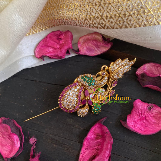 AD Stone Gold Saree Pin -The Paisley Peacock Brooch-G5805