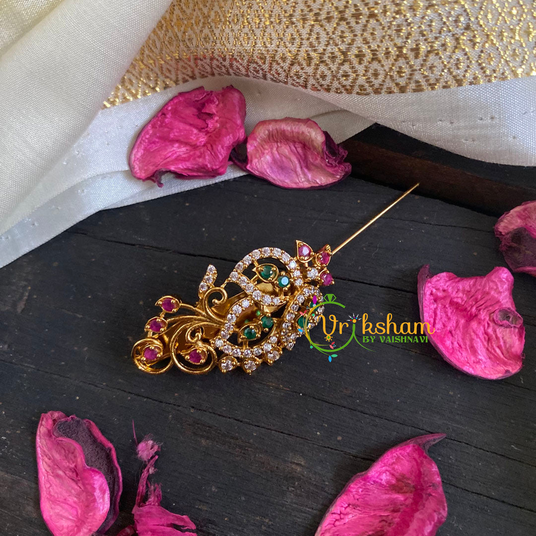 AD Stone Gold Saree Pin -The Twin Leaf Brooch-G5810