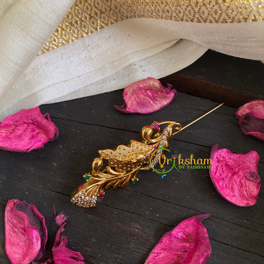 AD Stone Gold Saree Pin -The Leaf Bird Brooch-G5811