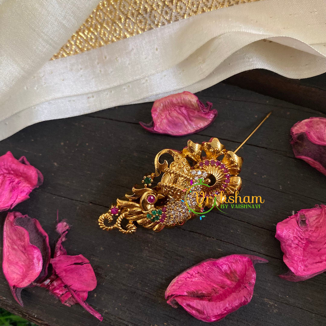 AD Stone Gold Saree Pin -The Turning Peacock Brooch-G5816