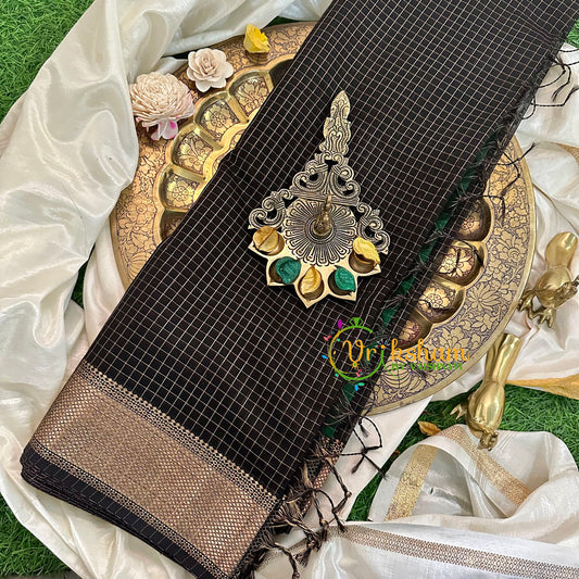 Black Kattam Maheshwari Silk Cotton Saree -VS1607