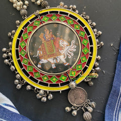Oxidized Silver Afghani Neckpeice with Meenakari Pendant -7-S254
