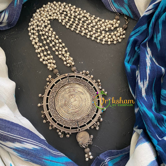 Oxidized Silver Look Alike Neckpiece with Meenakari Pendant -9-S256