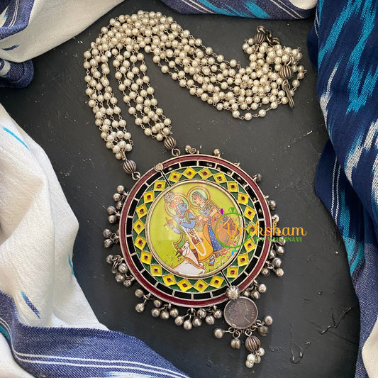 Oxidized Silver Look Alike Neckpiece with Meenakari Pendant -Krishna Radha-S248