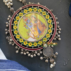 Oxidized Silver Look Alike Neckpiece with Meenakari Pendant -Krishna Radha-S248