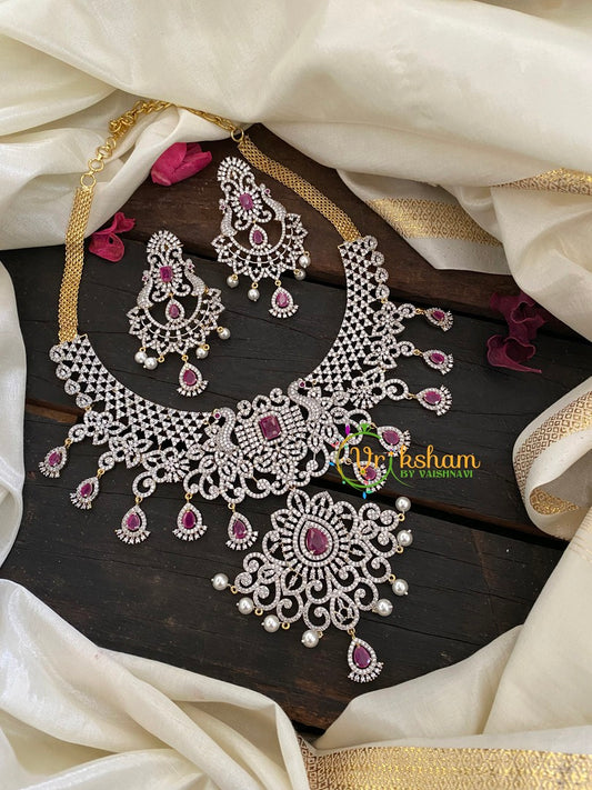 Pinkish Red Stones Bridal American Diamond Short Neckpiece-G2985