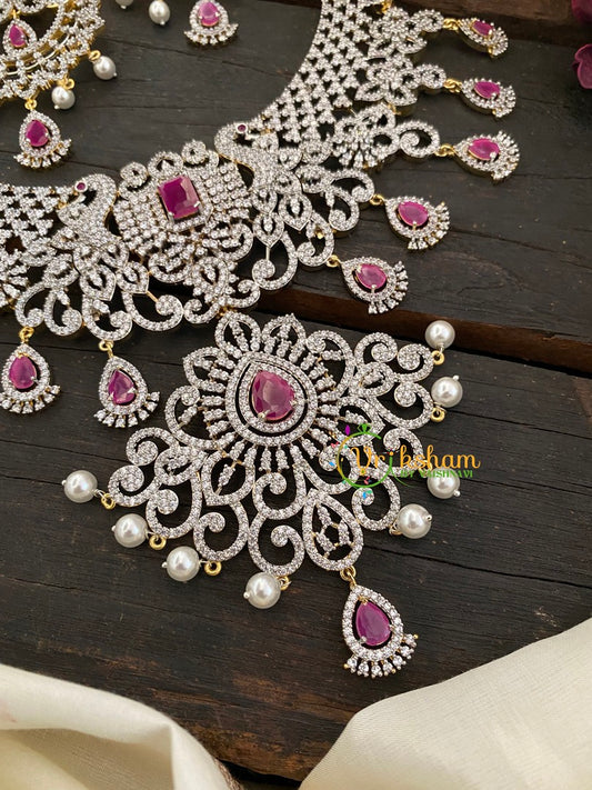 Pinkish Red Stones Bridal American Diamond Short Neckpiece-G2985