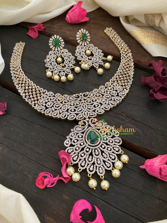 Bridal American Diamond Neckpiece-Green-Peacock Pendant-G2977