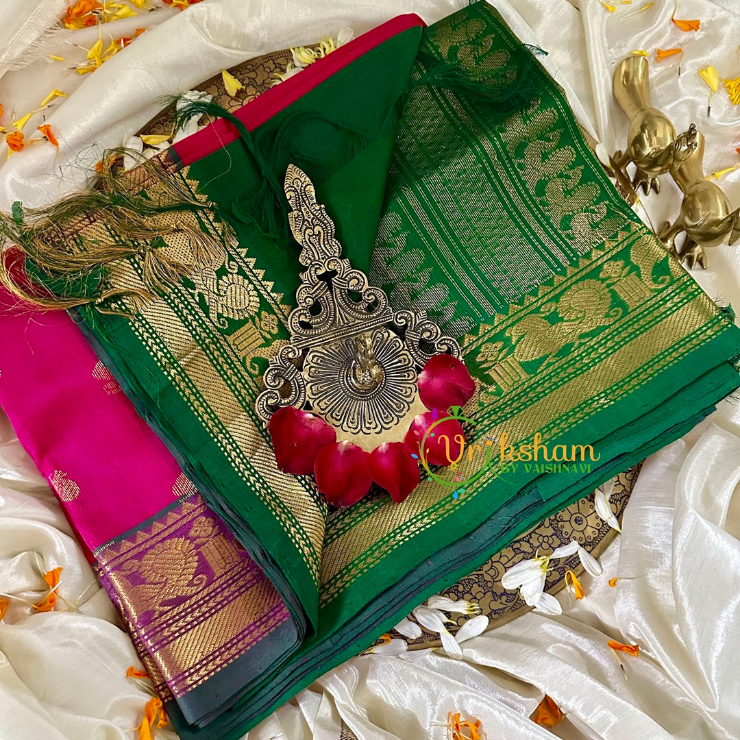 Rani Pink with Green Silk Cotton Saree -VS1722