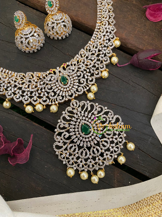 Bridal American Diamond Neckpiece-Green-Tilak Pendant-G2979