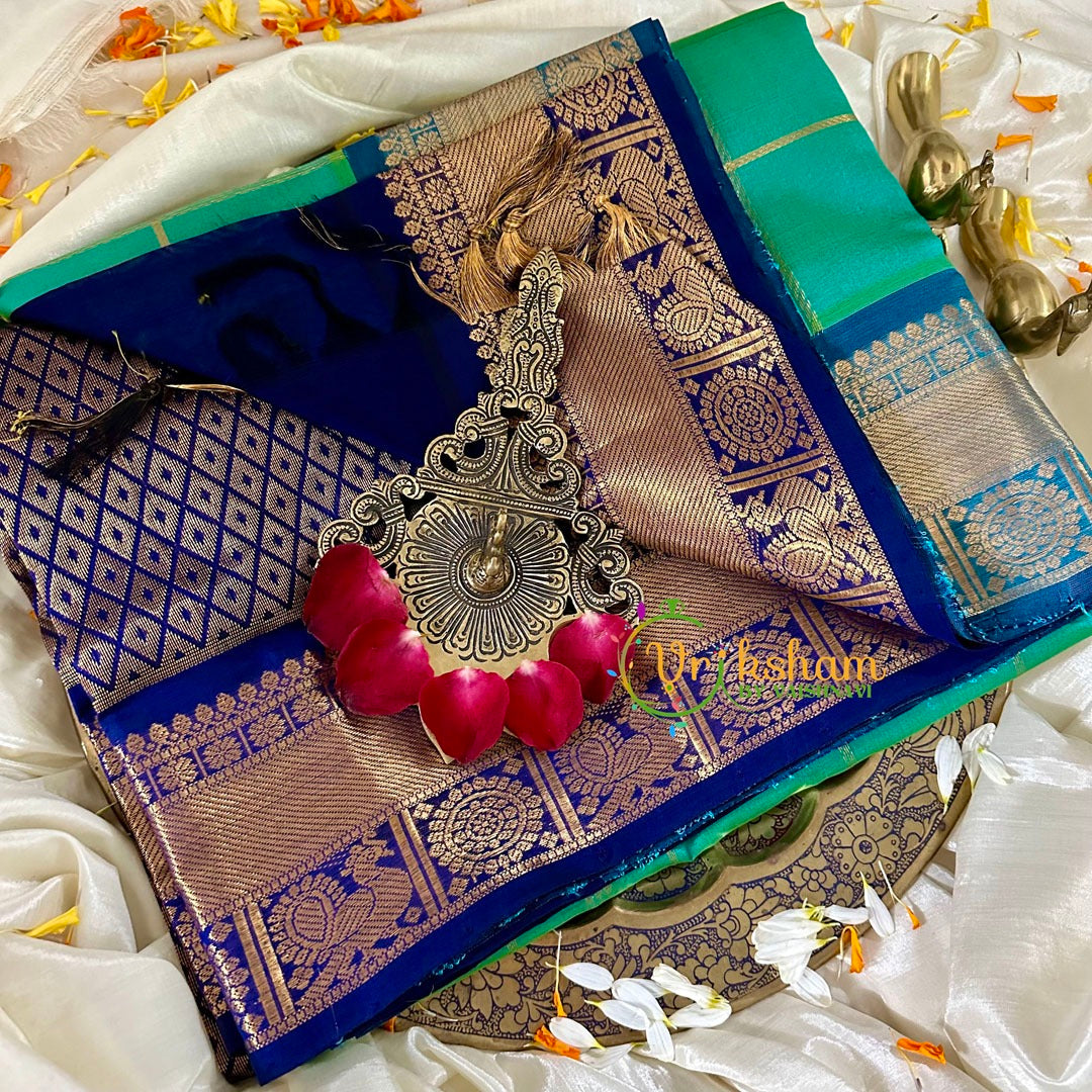 Aqua Green with Blue Silk Cotton Saree -VS1729