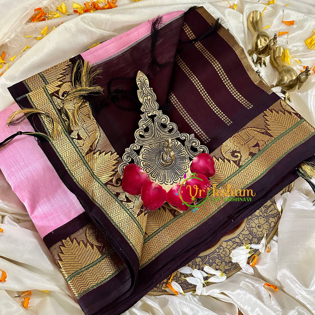 Rose with Brown Silk Cotton Saree -VS1730