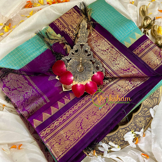 Mint Green with Purple Kattam Silk Cotton Saree -VS1735