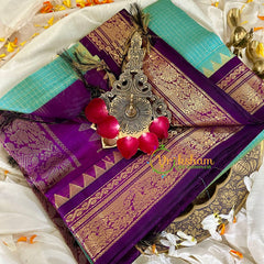 Mint Green with Purple Kattam Silk Cotton Saree -VS1735