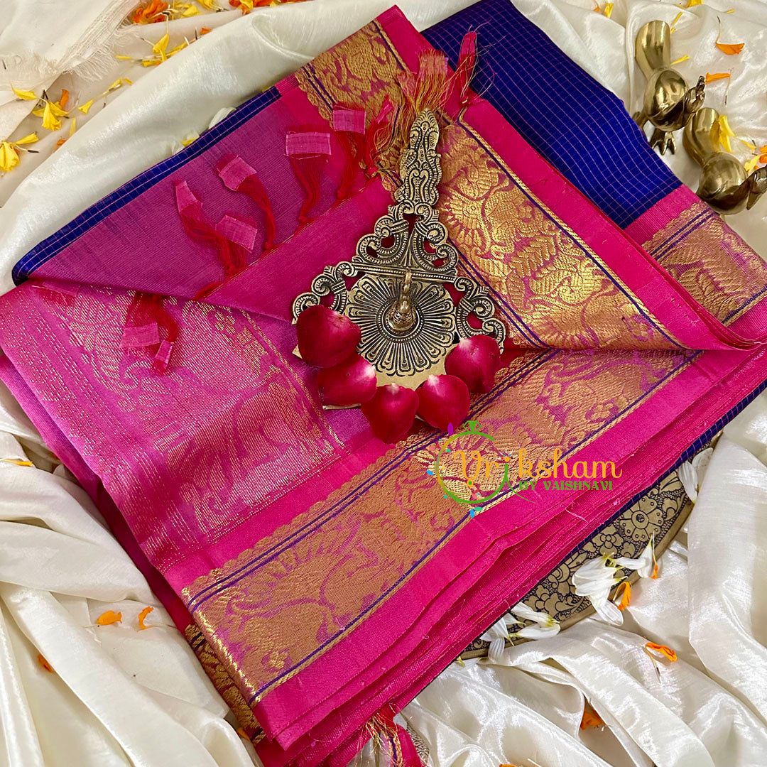 Blue with Pink Silk Cotton Saree -VS1736