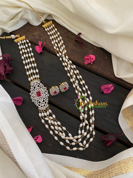 Layered Pearl Haram with American Diamond Mugappu-G2971