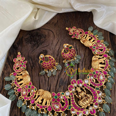 Precious Jadau Kundan Short Neckpiece-Pink-Pastel Green Beads -J1675