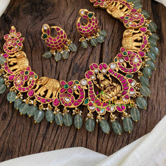 Precious Jadau Kundan Short Neckpiece-Pink-Pastel Green Beads -J1675