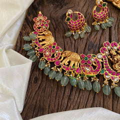 Precious Jadau Kundan Short Neckpiece-Pink-Pastel Green Beads -J1675