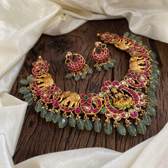 Precious Jadau Kundan Short Neckpiece-Pink-Pastel Green Beads -J1675