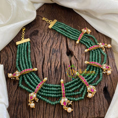 5 Layered Pearl Bead Short Neckpiece -Green Bead-J1399