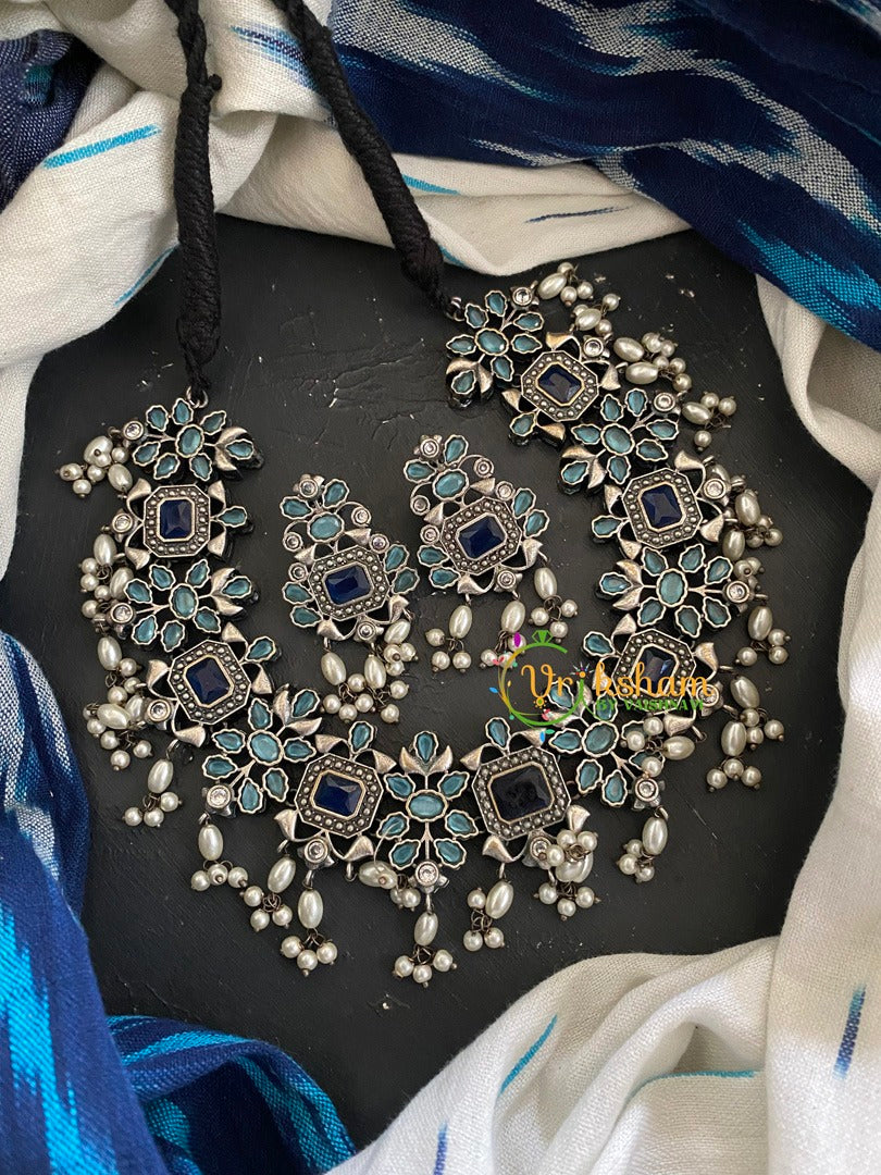 Oxidized Silver Guttapusalu Neckpiece -Blue Shades -S294