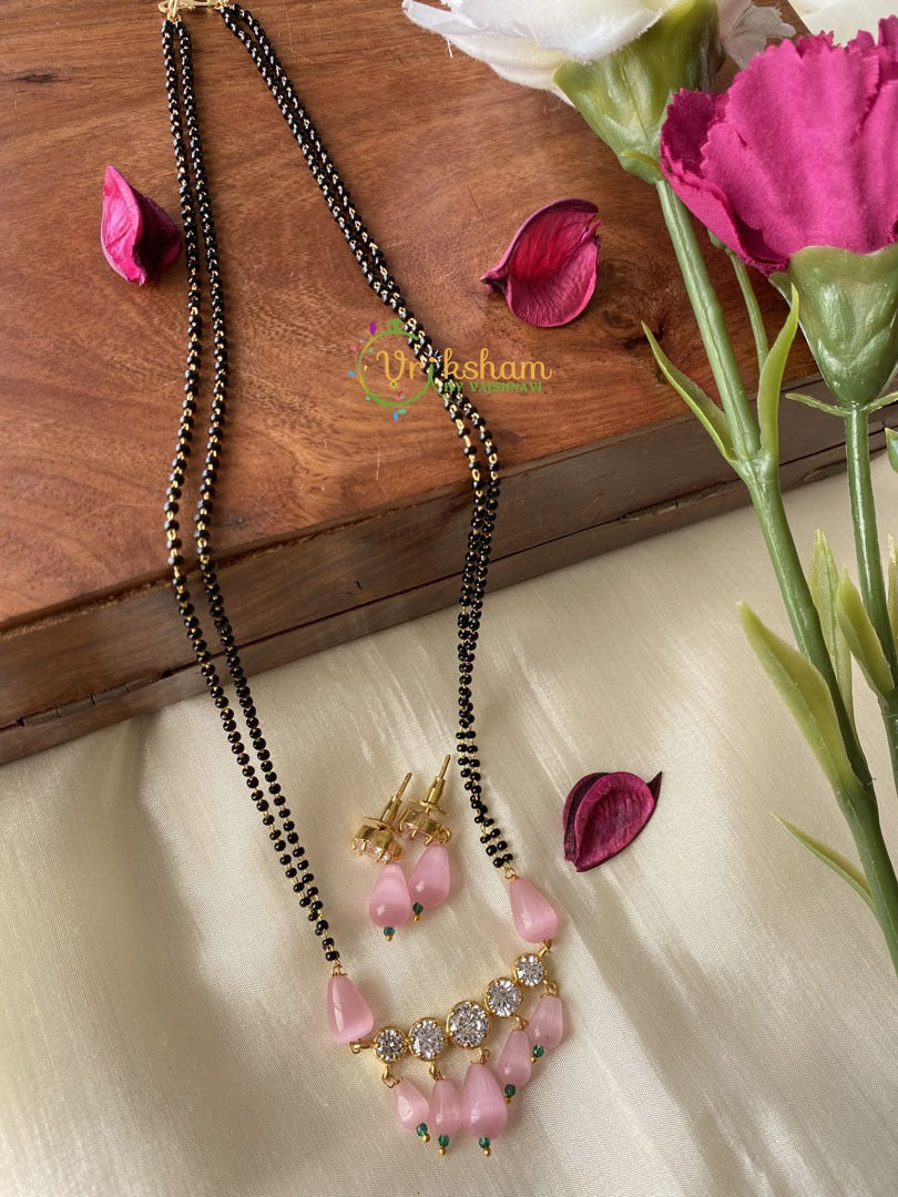 Designer AD Stone Pendant Mangalsutra Chain -Light Pink -G2114