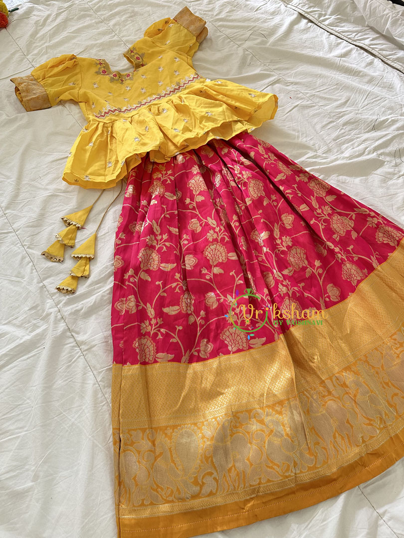Yellow and Pink Indian Traditional Girls Lehenga Set -VS823