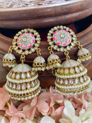 Festive Kundan Meenakari Jhumkas-White Grey-G5040