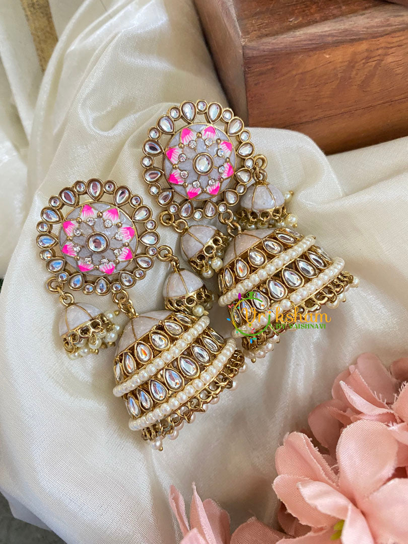 Festive Kundan Meenakari Jhumkas-White Grey-G5040