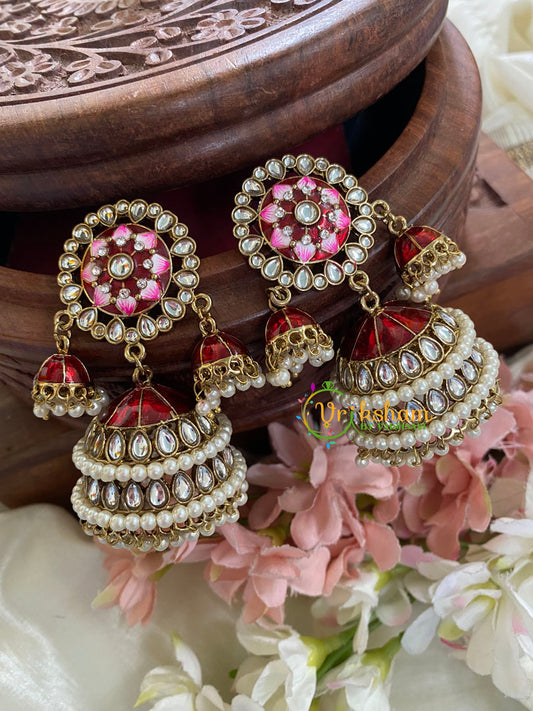 Festive Kundan Meenakari Jhumkas-Maroon Red-G5042