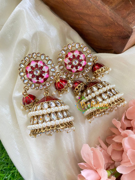 Festive Kundan Meenakari Jhumkas-Maroon Red-G5042