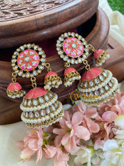 Festive Kundan Meenakari Jhumkas-Coral-G5041