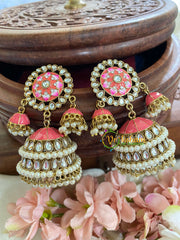 Festive Kundan Meenakari Jhumkas-Coral-G5041