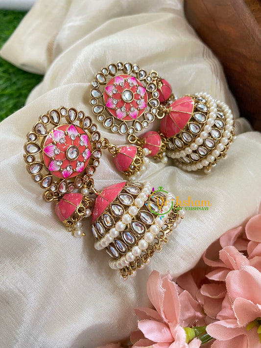 Festive Kundan Meenakari Jhumkas-Coral-G5041