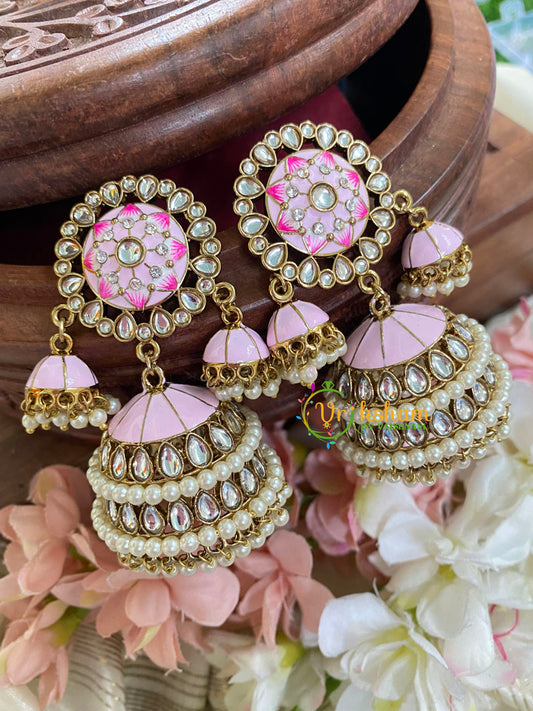 Festive Kundan Meenakari Jhumkas-Pale Pink-G5043