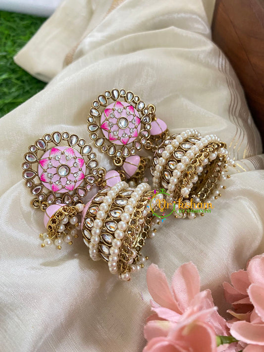 Festive Kundan Meenakari Jhumkas-Pale Pink-G5043