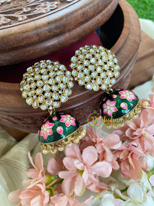 Kundan Stud Meenakari Jhumkas-Dark Green-G4984