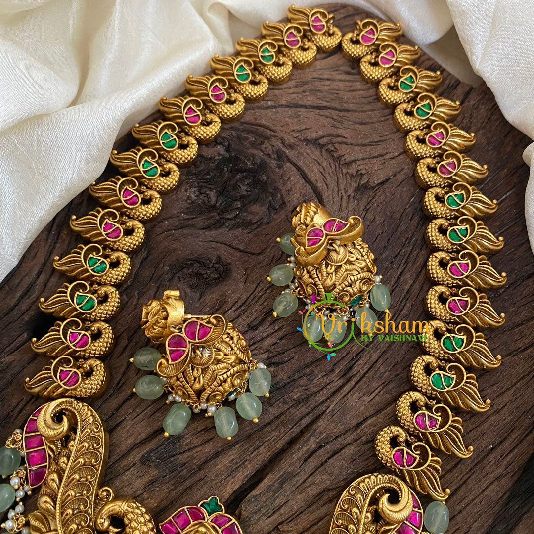 Precious Jadau Kundan Lakshmi Haram - Pastel Green Bead-J1362