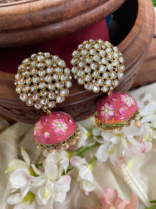 Kundan Stud Meenakari Jhumkas-Coral-G4985