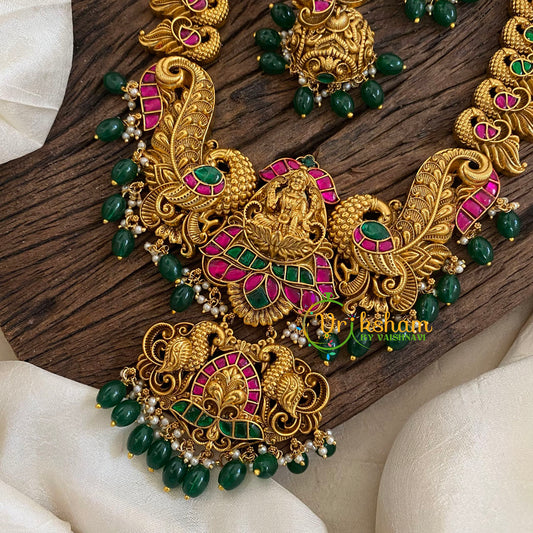 Precious Jadau Kundan Lakshmi Haram - Green Bead-J1368