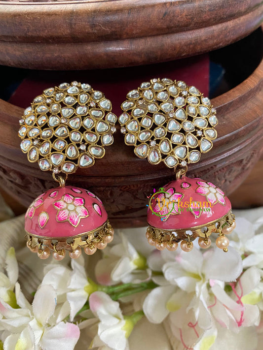 Kundan Stud Meenakari Jhumkas-Coral-G4985