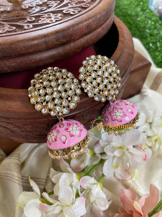 Kundan Stud Meenakari Jhumkas-Pink-G4986