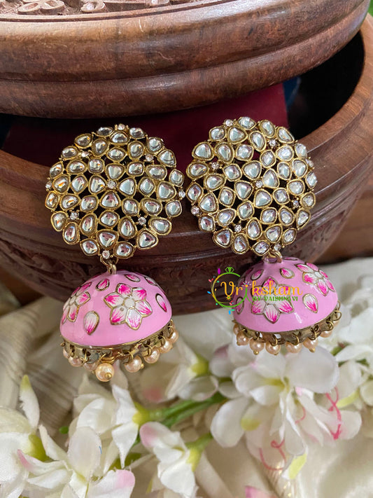 Kundan Stud Meenakari Jhumkas-Pink-G4986