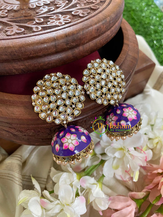 Kundan Stud Meenakari Jhumkas-Violet-G4987