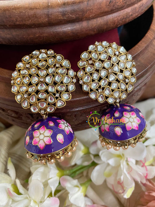 Kundan Stud Meenakari Jhumkas-Violet-G4987