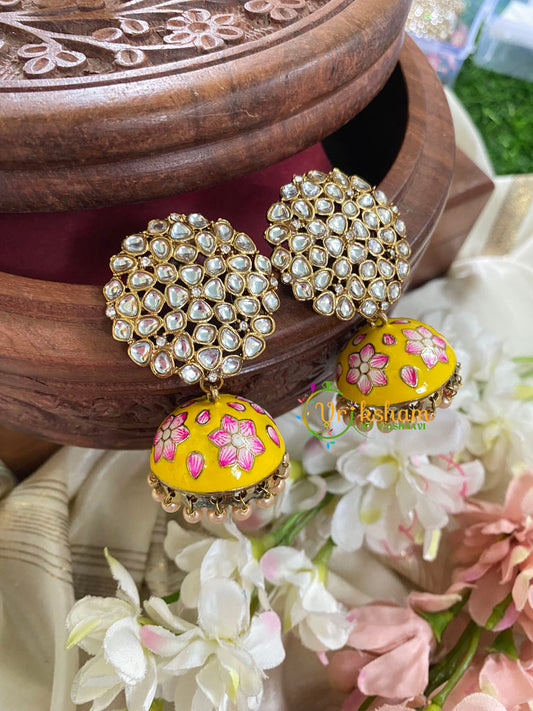 Kundan Stud Meenakari Jhumkas-Yellow-G4988